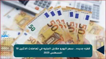 قفزة جديدة.. سعر اليورو مقابل الجنيه في تعاملات الاثنين 18 أغسطس 2025